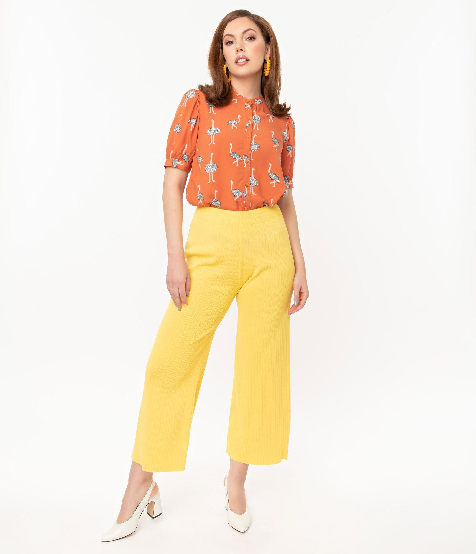 1970s Retro Style Yellow Rib Knit Wide Leg Pants