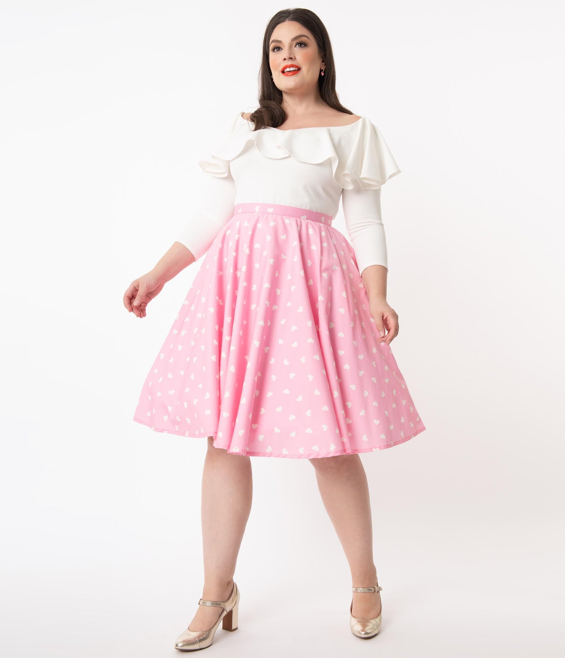 1950s Magnolia Place Plus Size Light Pink & White Heart Print Jenny Swing Skirt