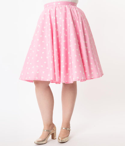 1950s Magnolia Place Plus Size Light Pink & White Heart Print Jenny Swing Skirt