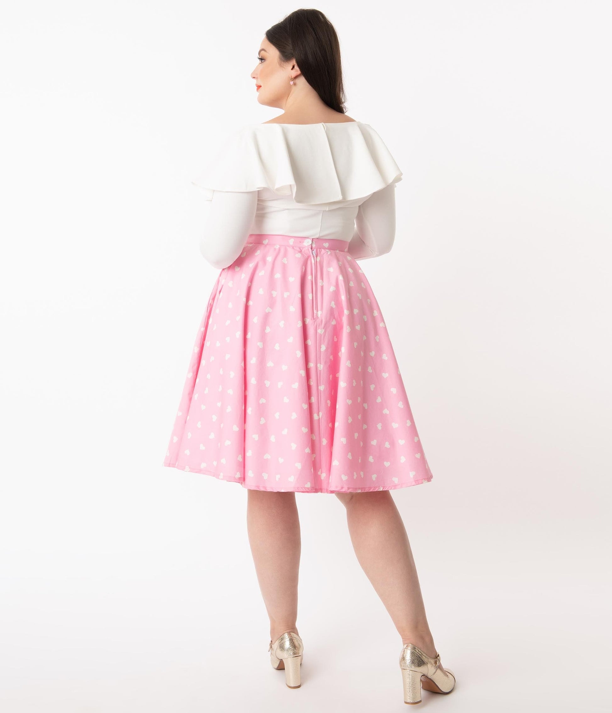 1950s Magnolia Place Plus Size Light Pink & White Heart Print Jenny Swing Skirt