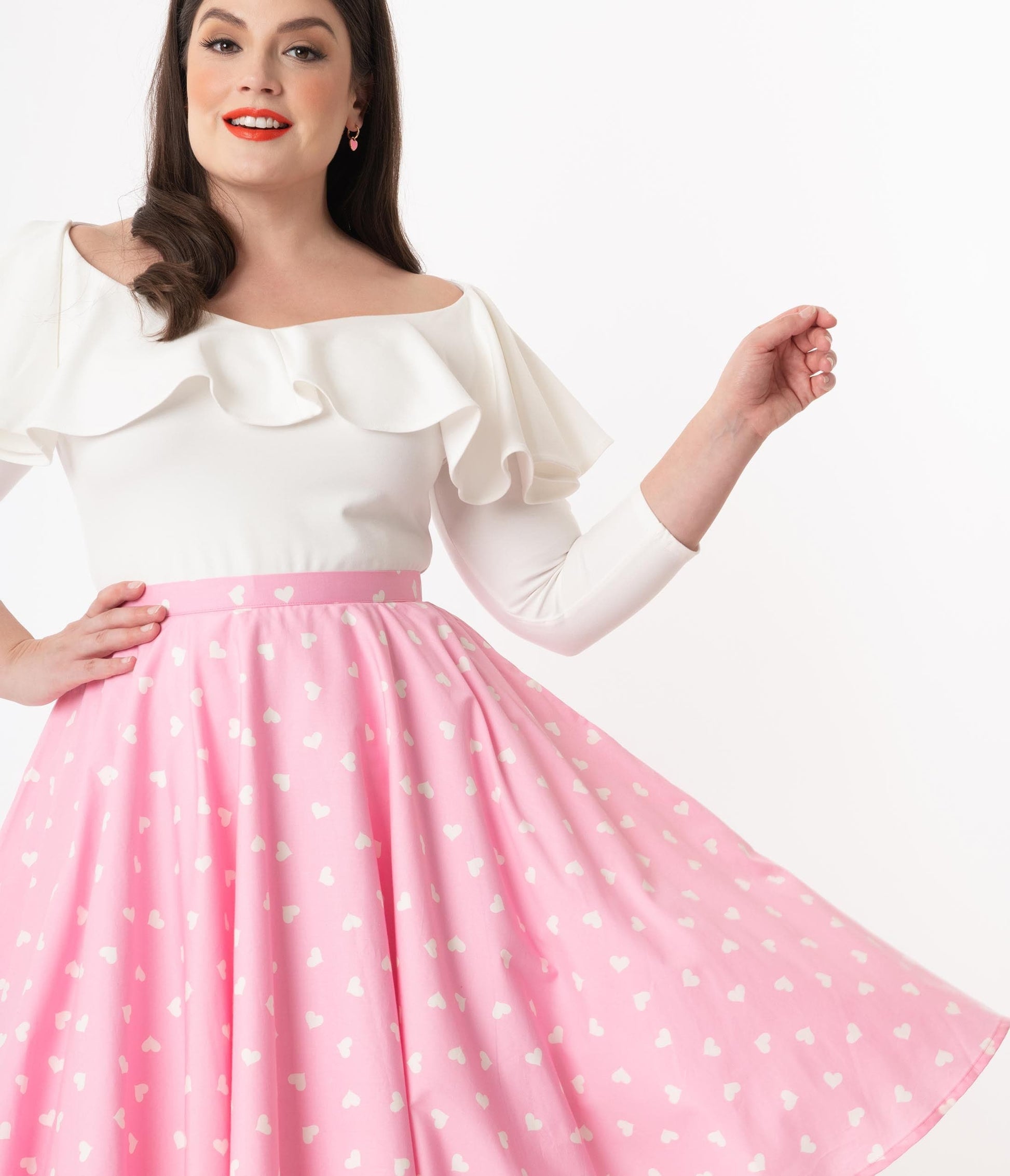 1950s Magnolia Place Plus Size Light Pink & White Heart Print Jenny Swing Skirt