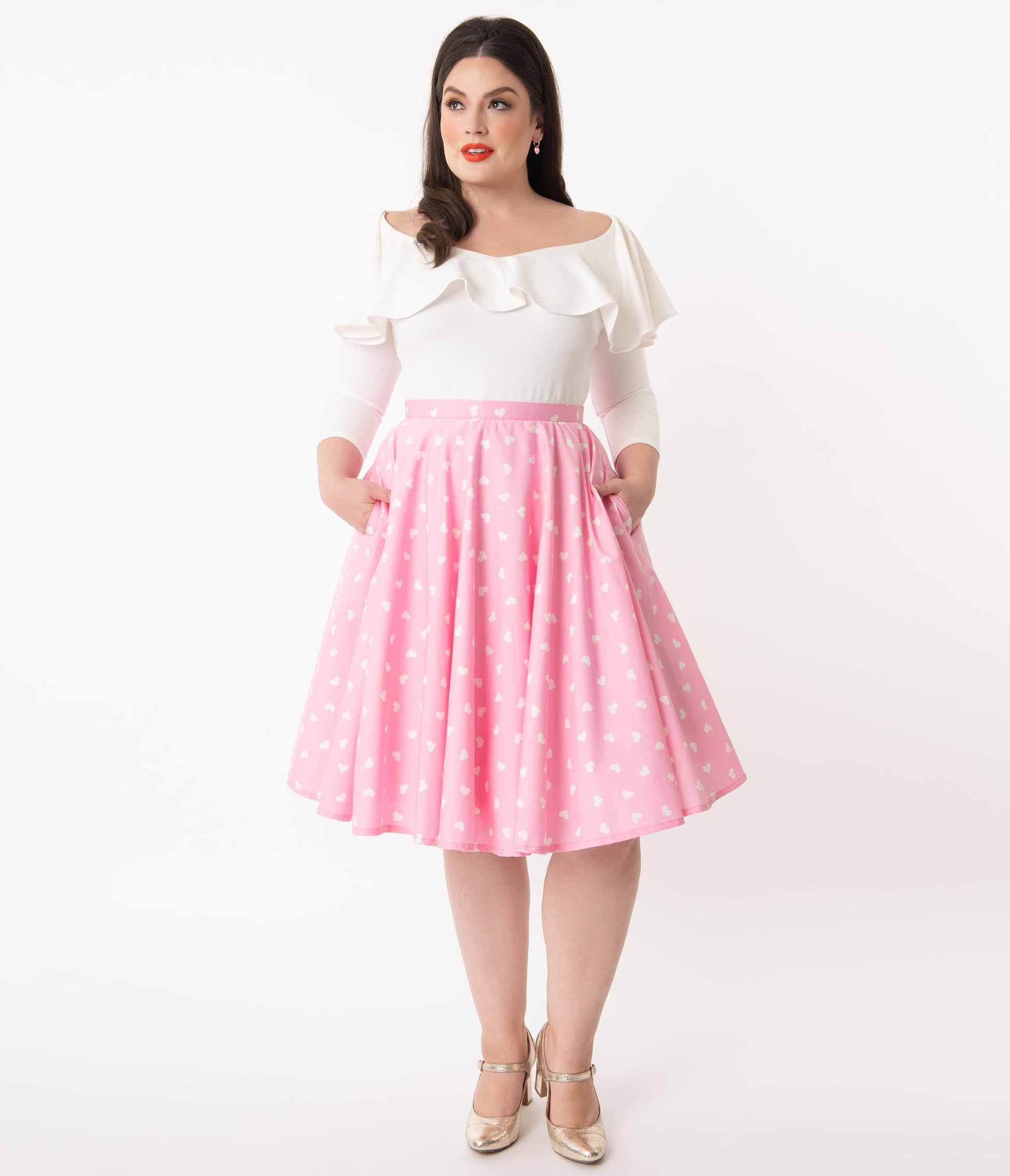 1950s Magnolia Place Plus Size Light Pink & White Heart Print Jenny Swing Skirt