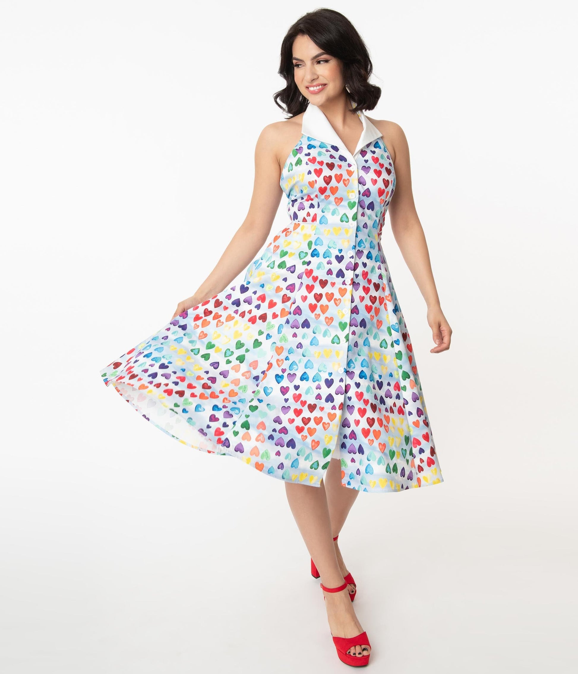 Unique Vintage Rainbow Hearts Print Idyllwild Swing Dress