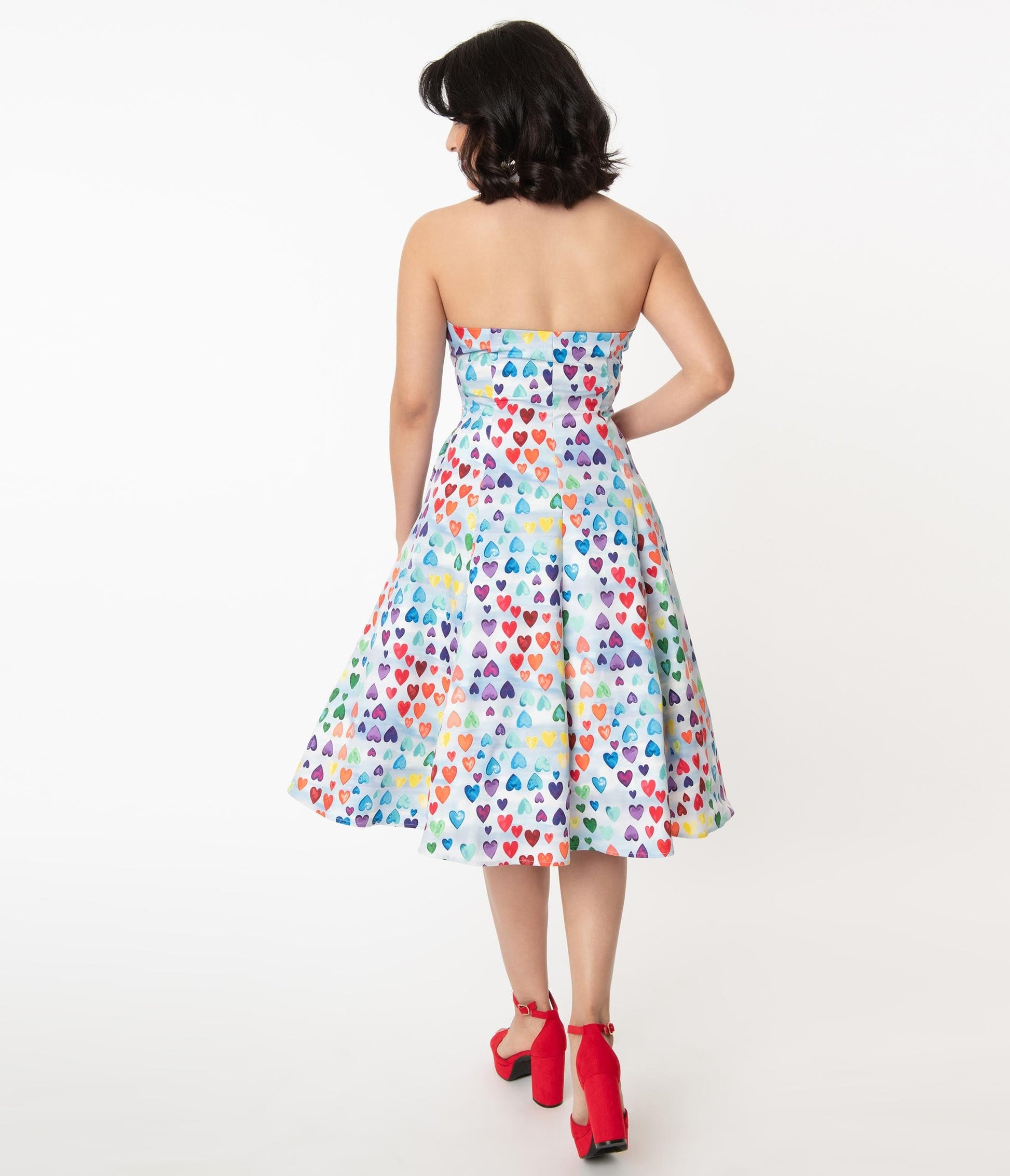 Unique Vintage Rainbow Hearts Print Idyllwild Swing Dress