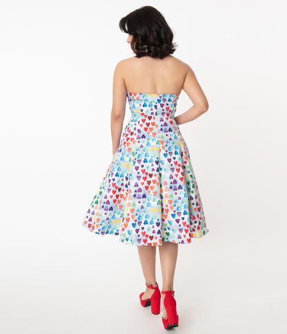 Unique Vintage Rainbow Hearts Print Idyllwild Swing Dress