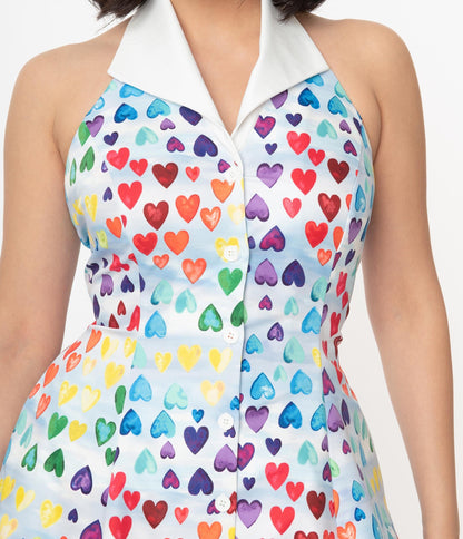 Unique Vintage Rainbow Hearts Print Idyllwild Swing Dress