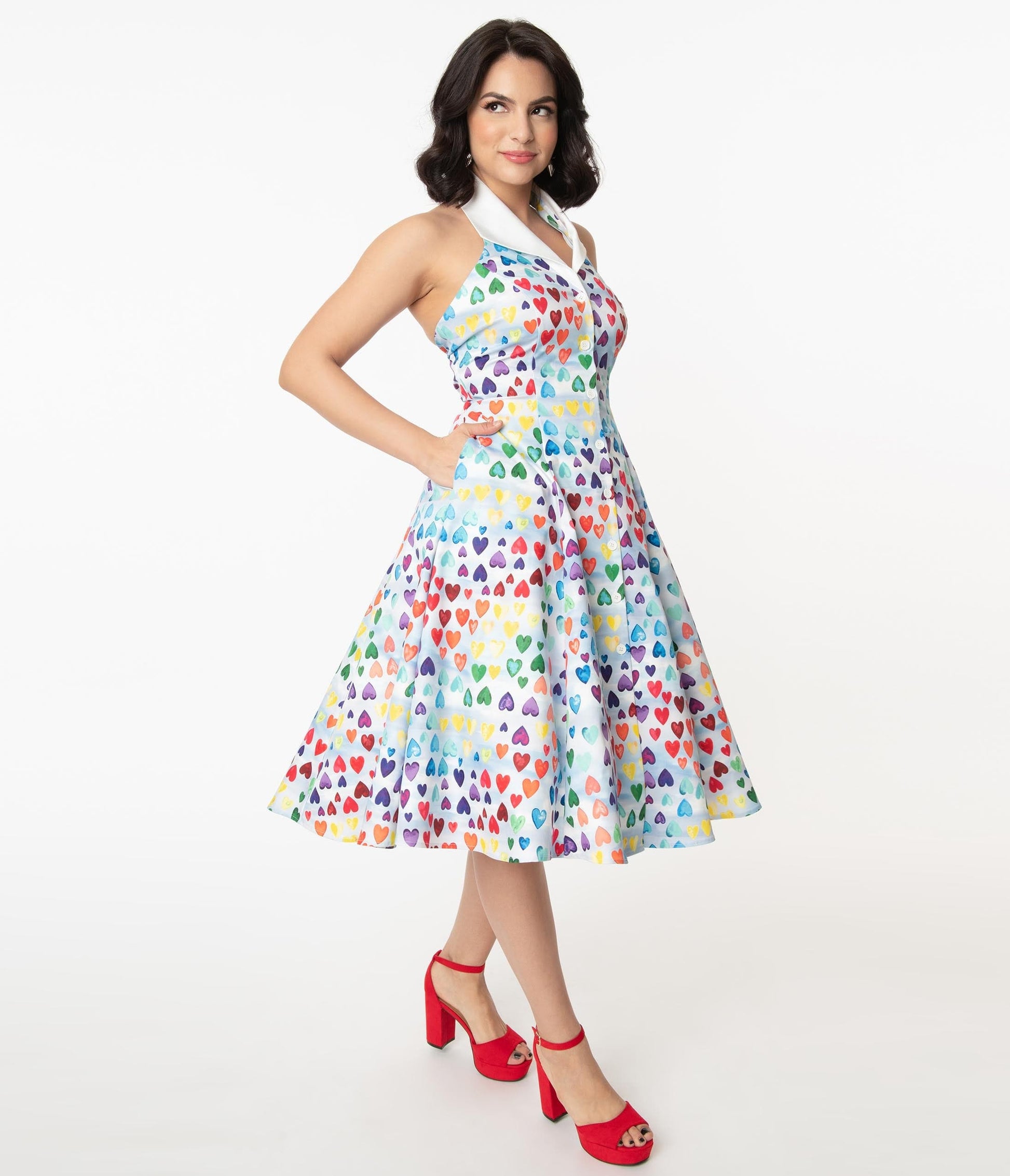 Unique Vintage Rainbow Hearts Print Idyllwild Swing Dress