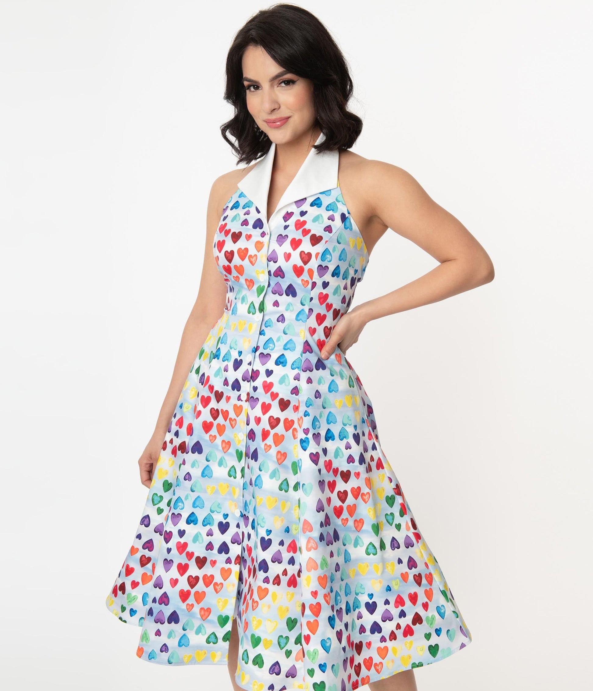 Unique Vintage Rainbow Hearts Print Idyllwild Swing Dress