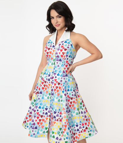 Unique Vintage Rainbow Hearts Print Idyllwild Swing Dress