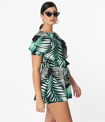 Retro Style Green & Black Palm Print Tropical Skort