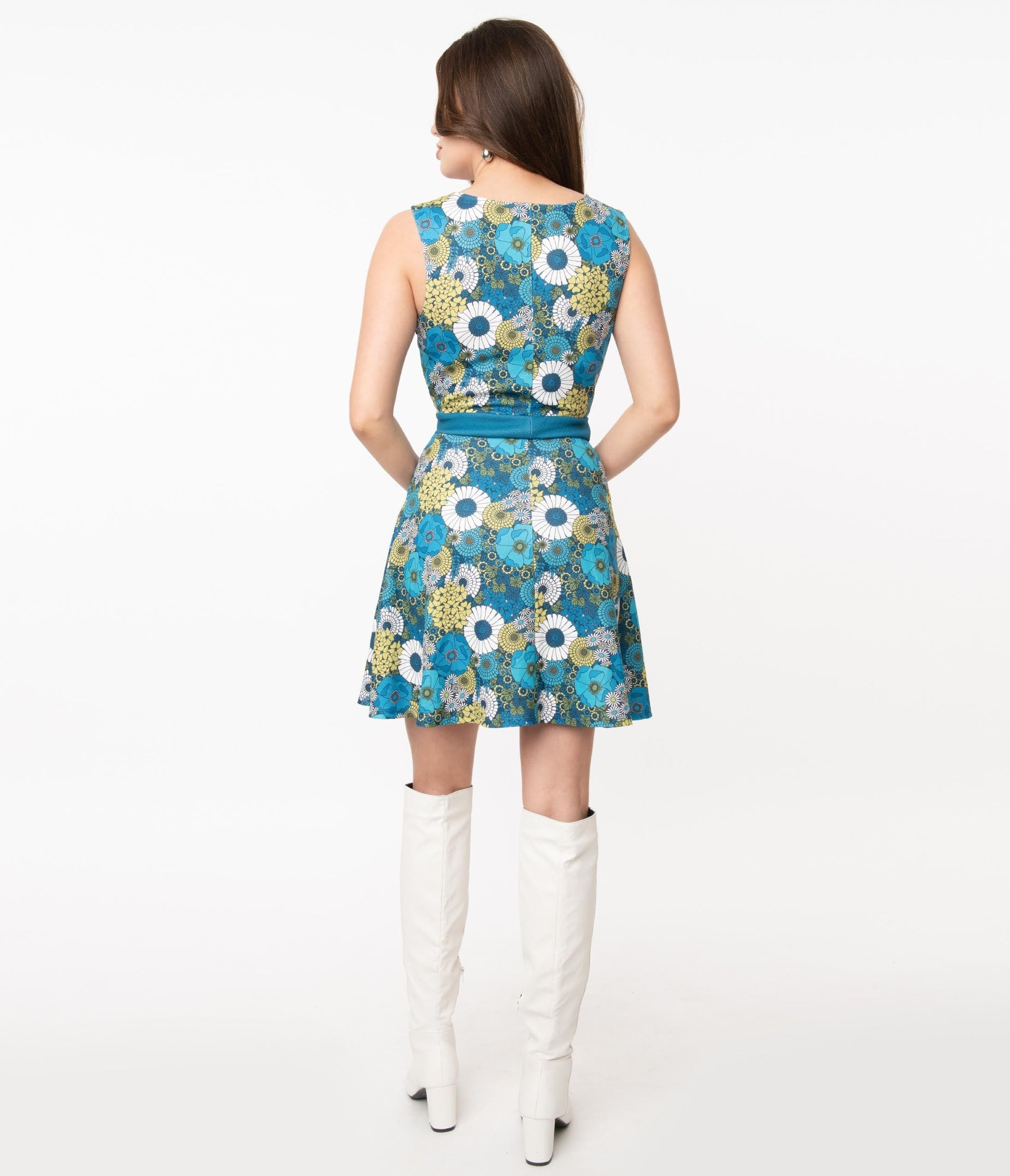 Smak Parlour Teal & Aqua Mod Floral Totally Radical Fit & Flare Dress
