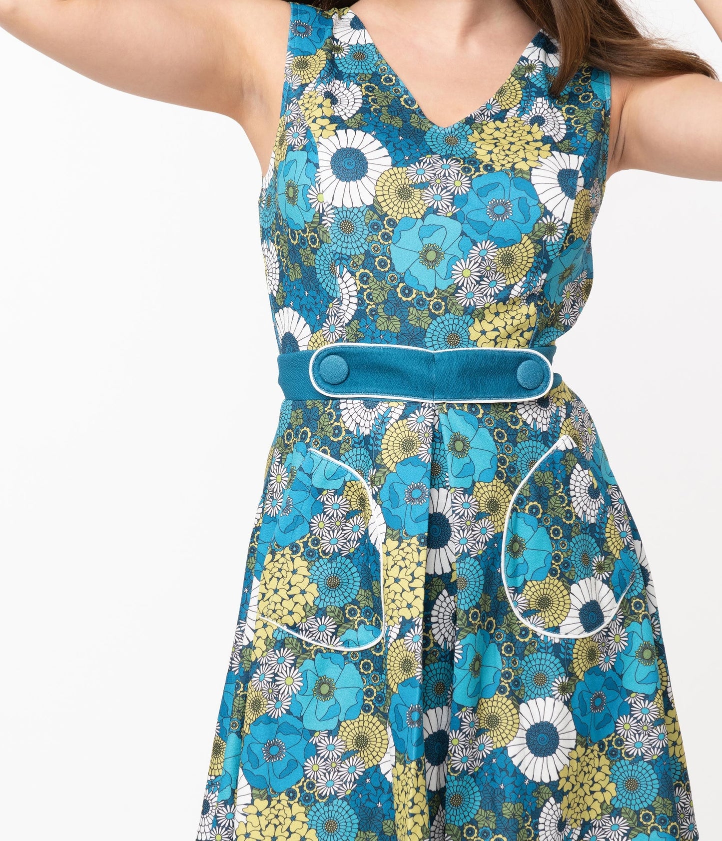 Smak Parlour Teal & Aqua Mod Floral Totally Radical Fit & Flare Dress