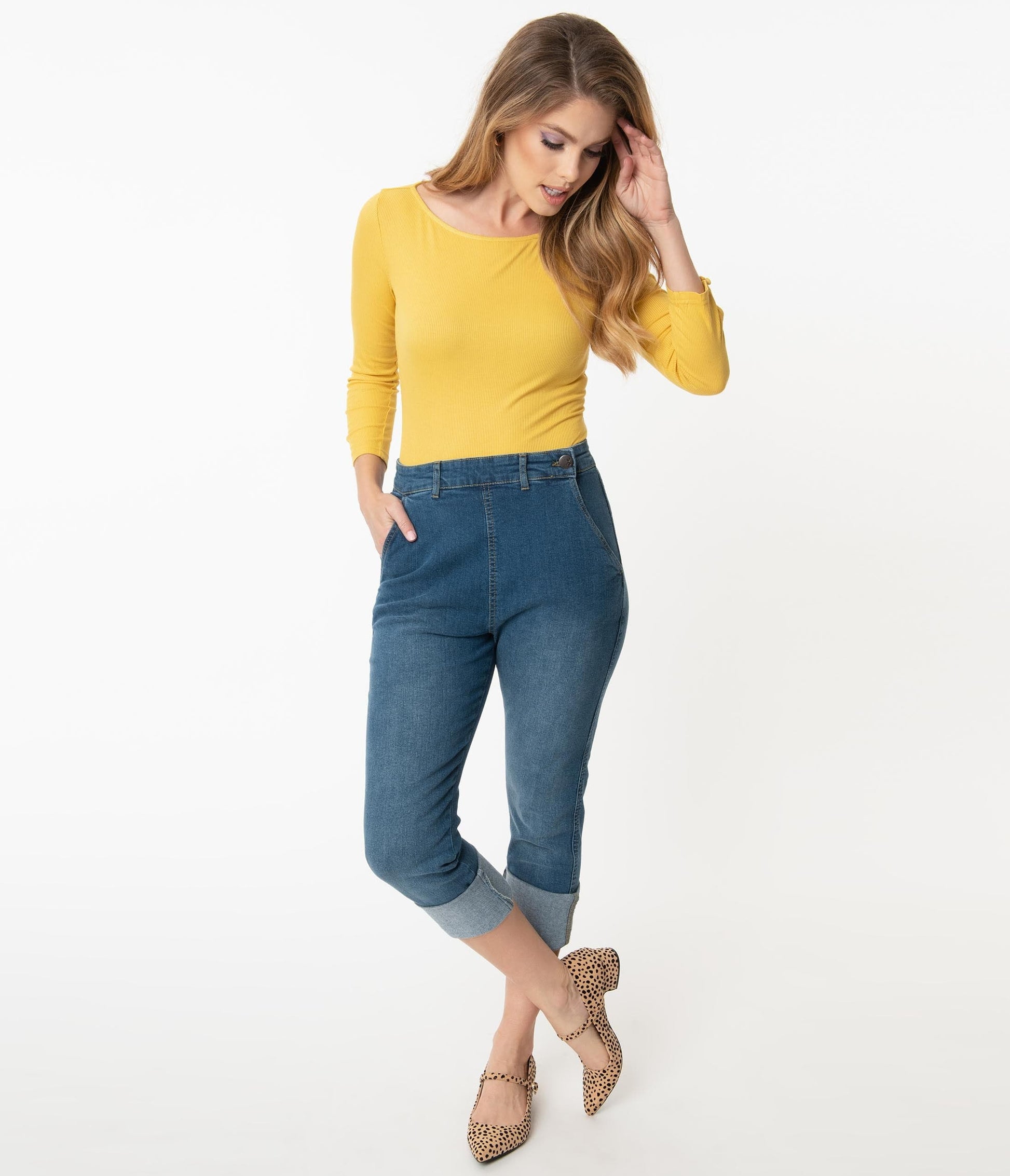 1950s Hell Bunny Blue Denim High Waist Austin Capri Jeans