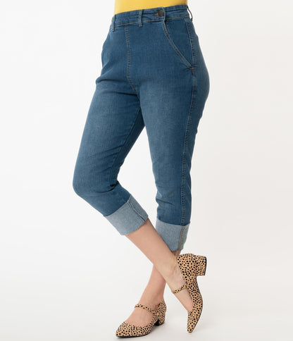 1950s Hell Bunny Blue Denim High Waist Austin Capri Jeans
