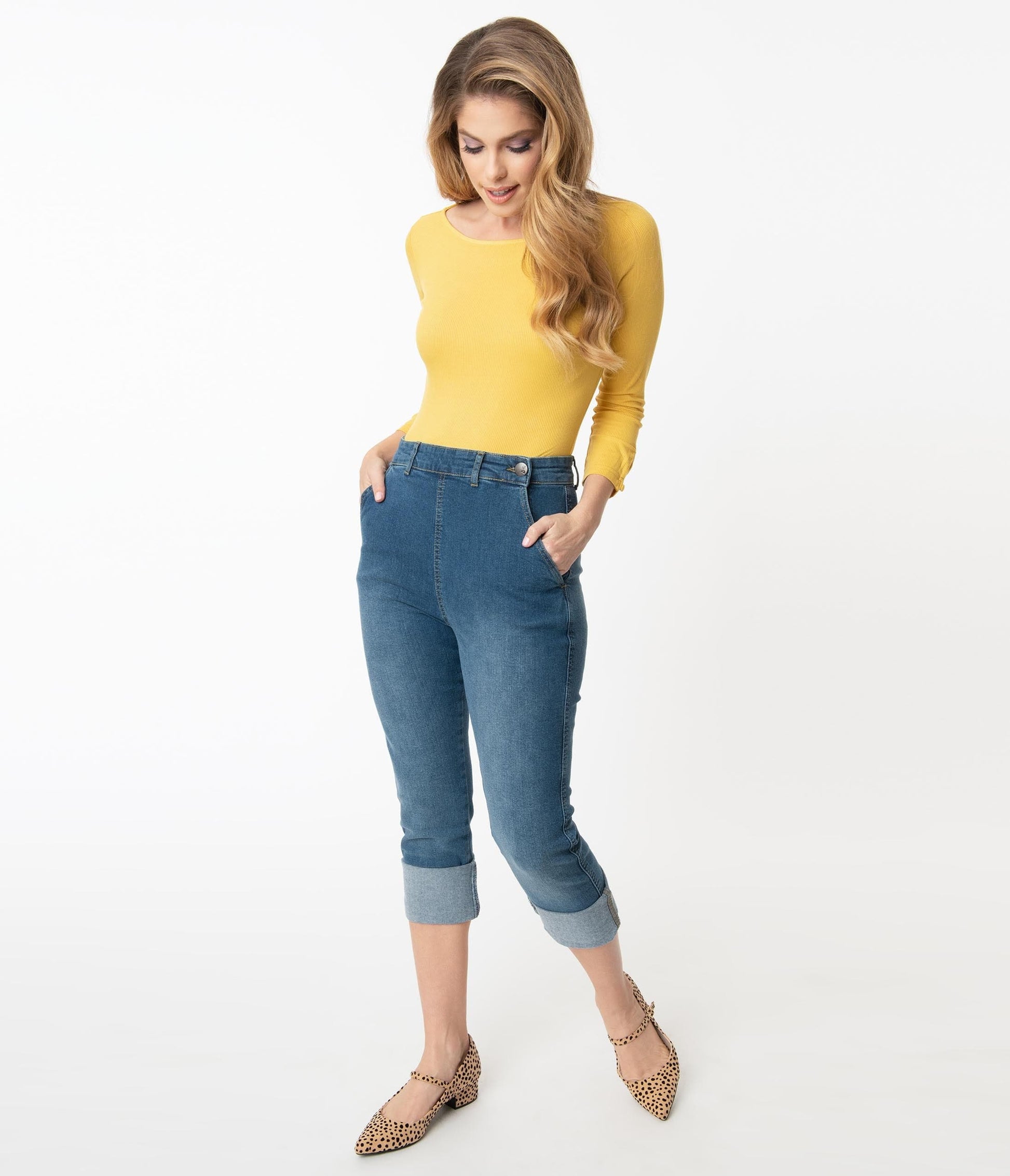 1950s Hell Bunny Blue Denim High Waist Austin Capri Jeans