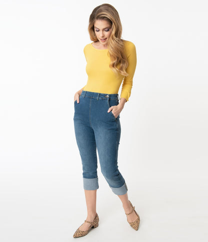 1950s Hell Bunny Blue Denim High Waist Austin Capri Jeans