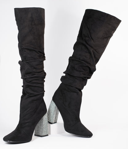 Black Suede & Rhinestone Slouchy Knee-High Boots