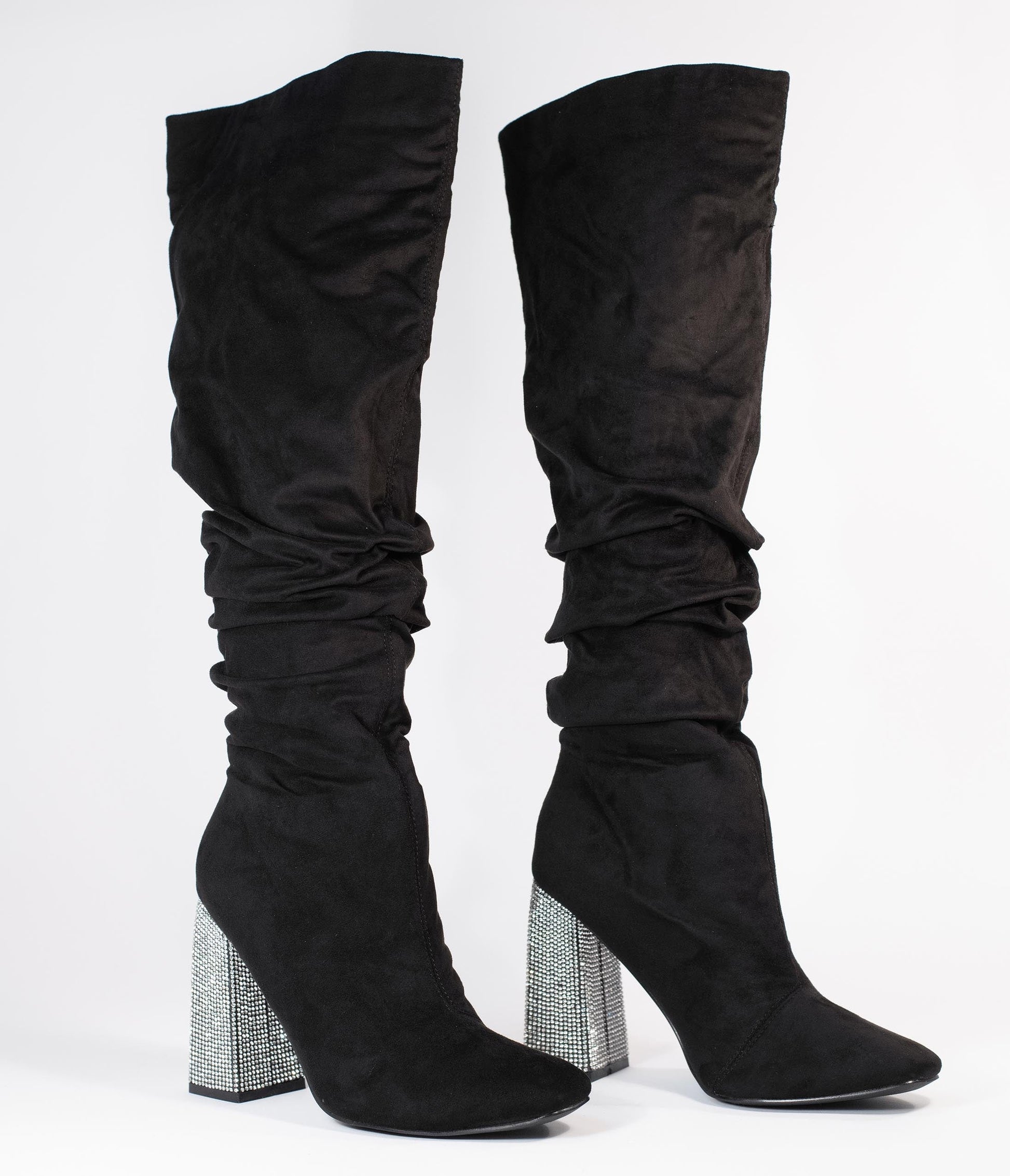 Black Suede & Rhinestone Slouchy Knee-High Boots