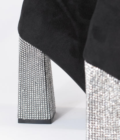 Black Suede & Rhinestone Slouchy Knee-High Boots