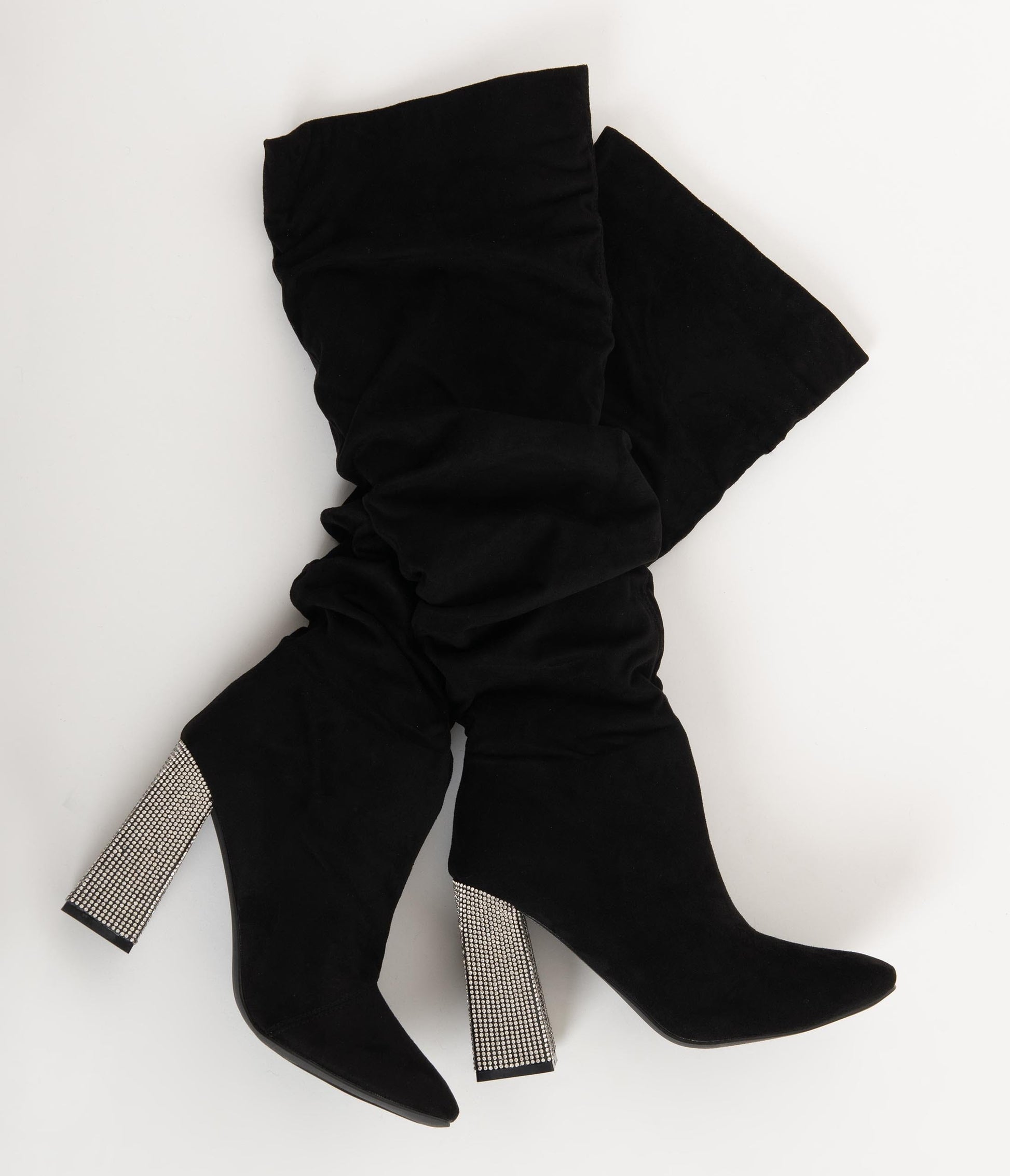 Black Suede & Rhinestone Slouchy Knee-High Boots