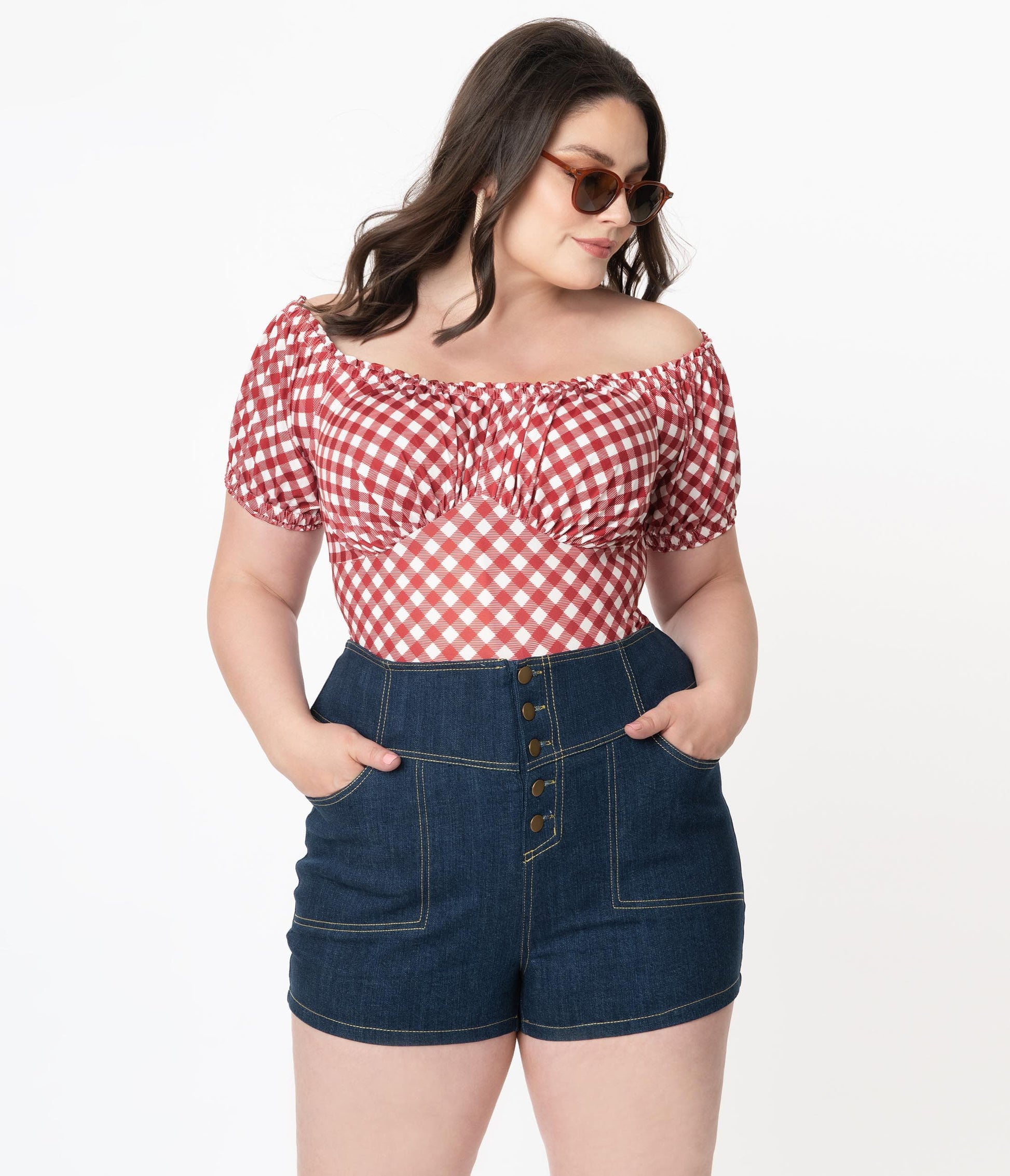 Unique Vintage Plus Size Blue Denim High Waist Button Up Suzy Shorts