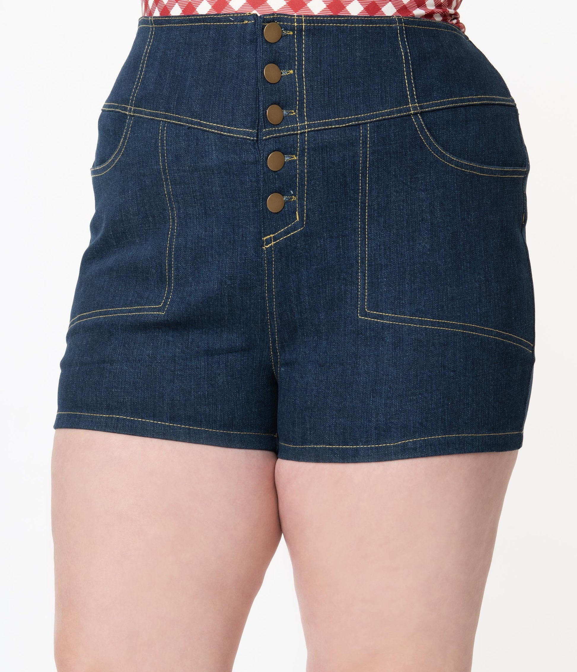 Unique Vintage Plus Size Blue Denim High Waist Button Up Suzy Shorts