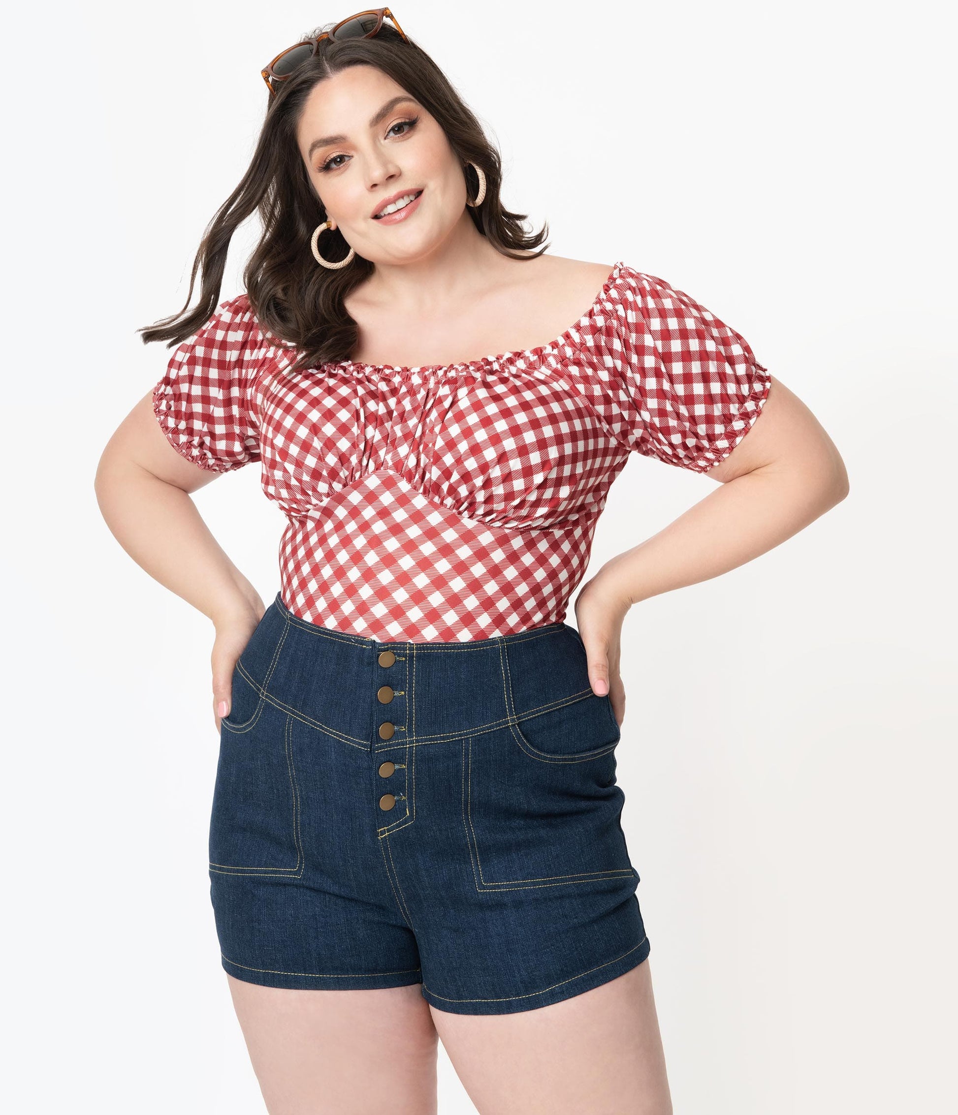 Unique Vintage Plus Size Blue Denim High Waist Button Up Suzy Shorts