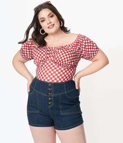 Unique Vintage Plus Size Blue Denim High Waist Button Up Suzy Shorts