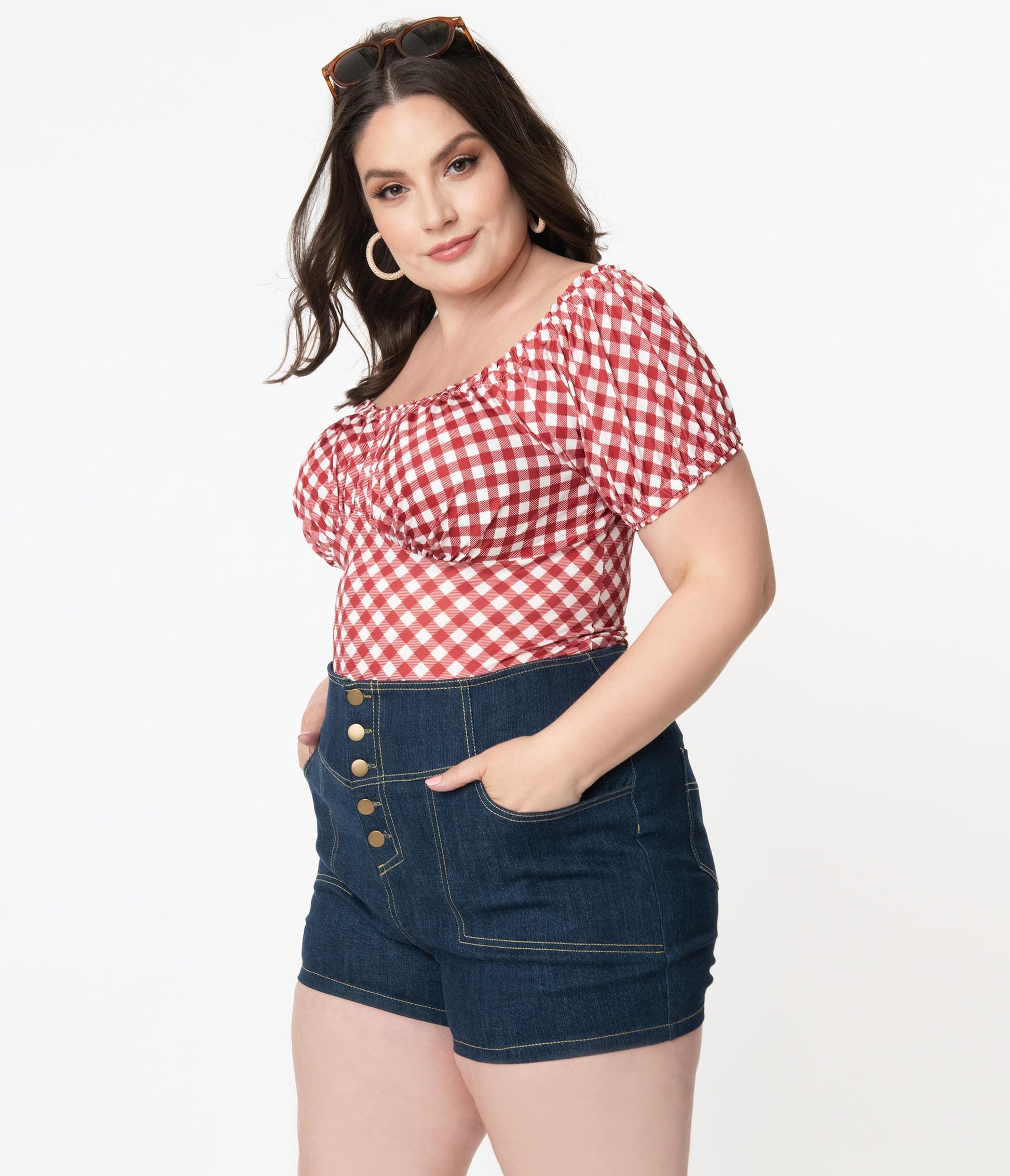 Unique Vintage Plus Size Blue Denim High Waist Button Up Suzy Shorts