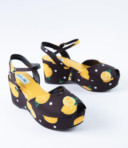 Collectif Black & Yellow Lemon Peep Toe Kelly Platform Wedge