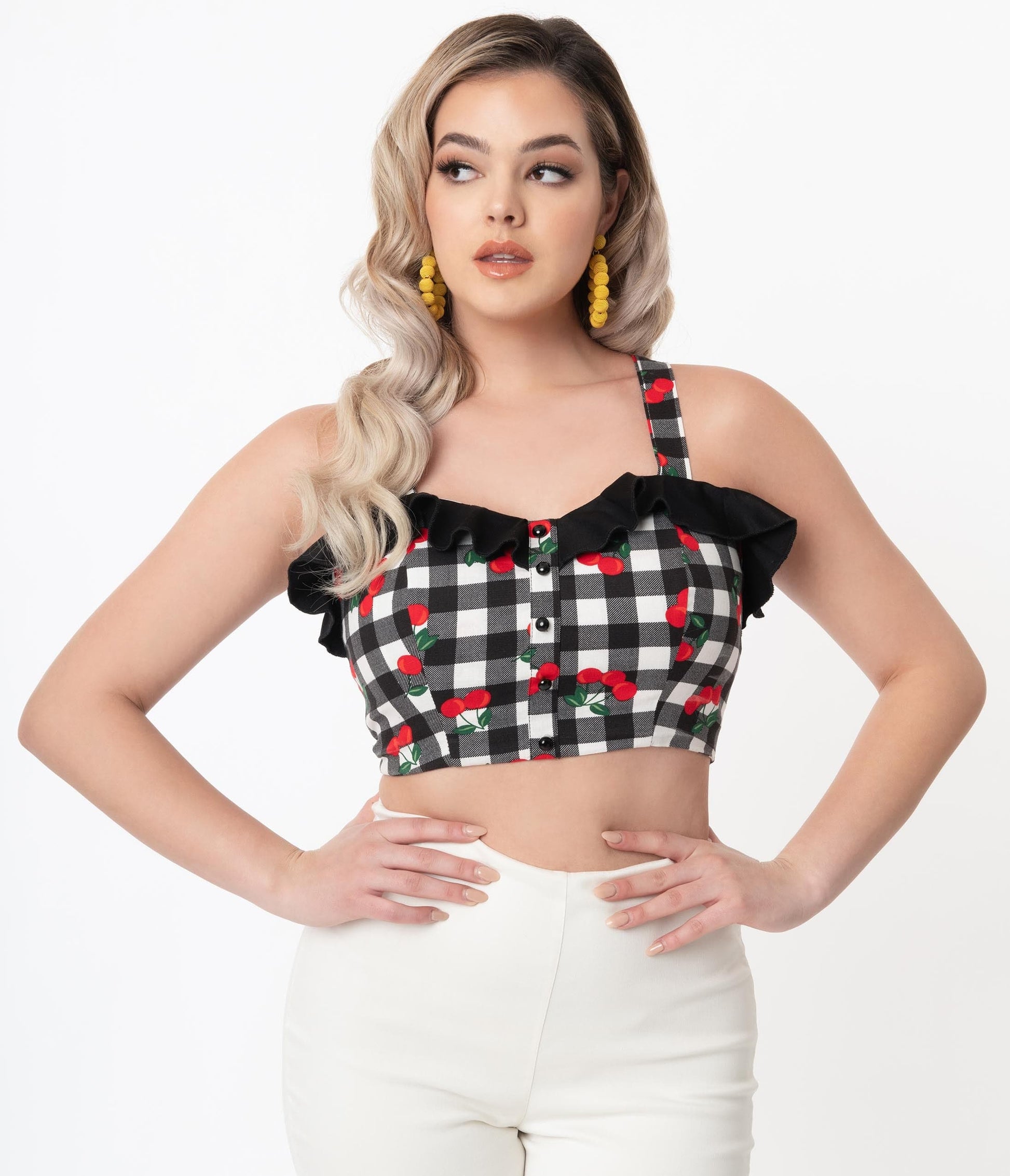 Collectif Black Gingham & Red Cherry Emilia Crop Top