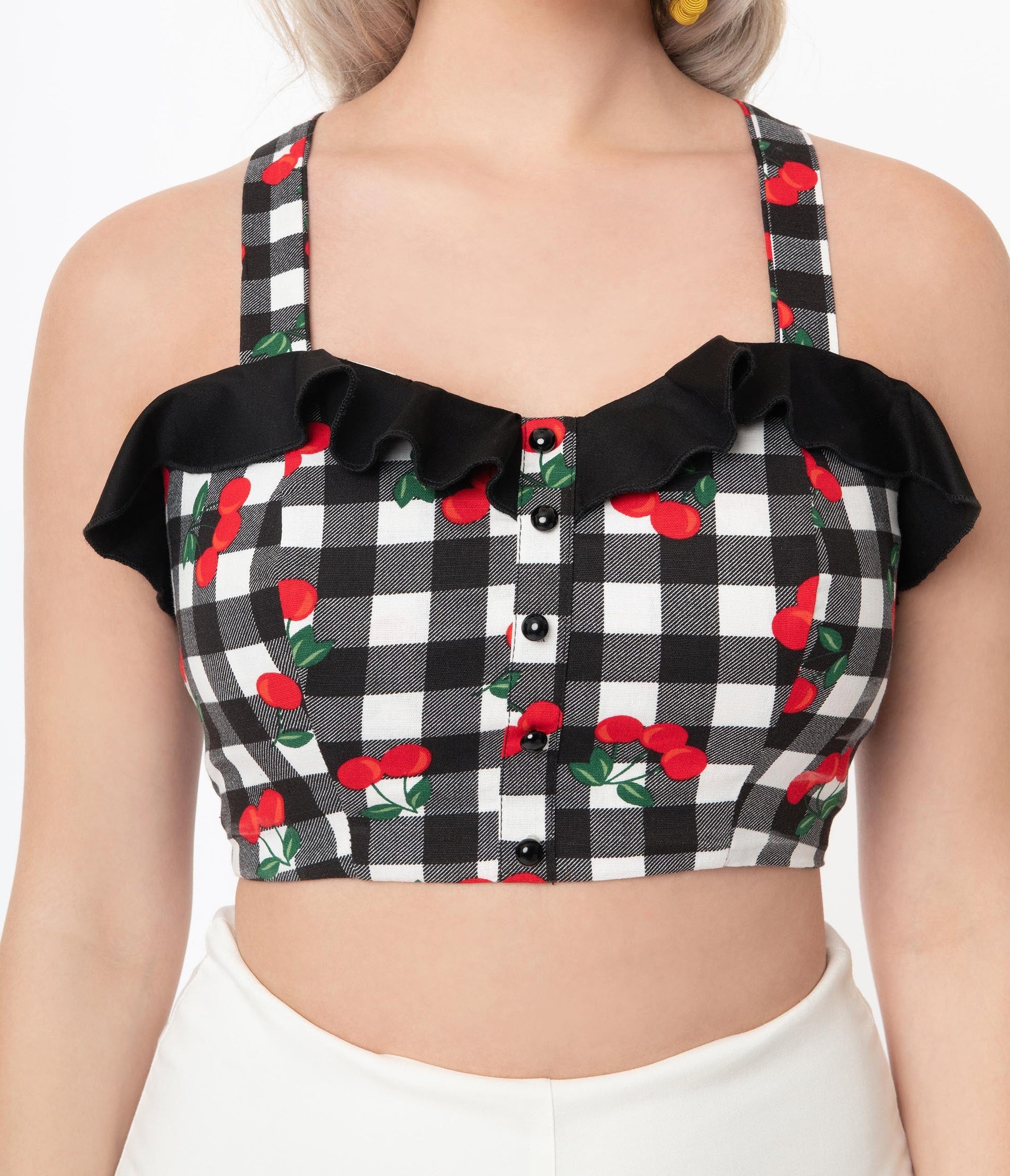 Collectif Black Gingham & Red Cherry Emilia Crop Top