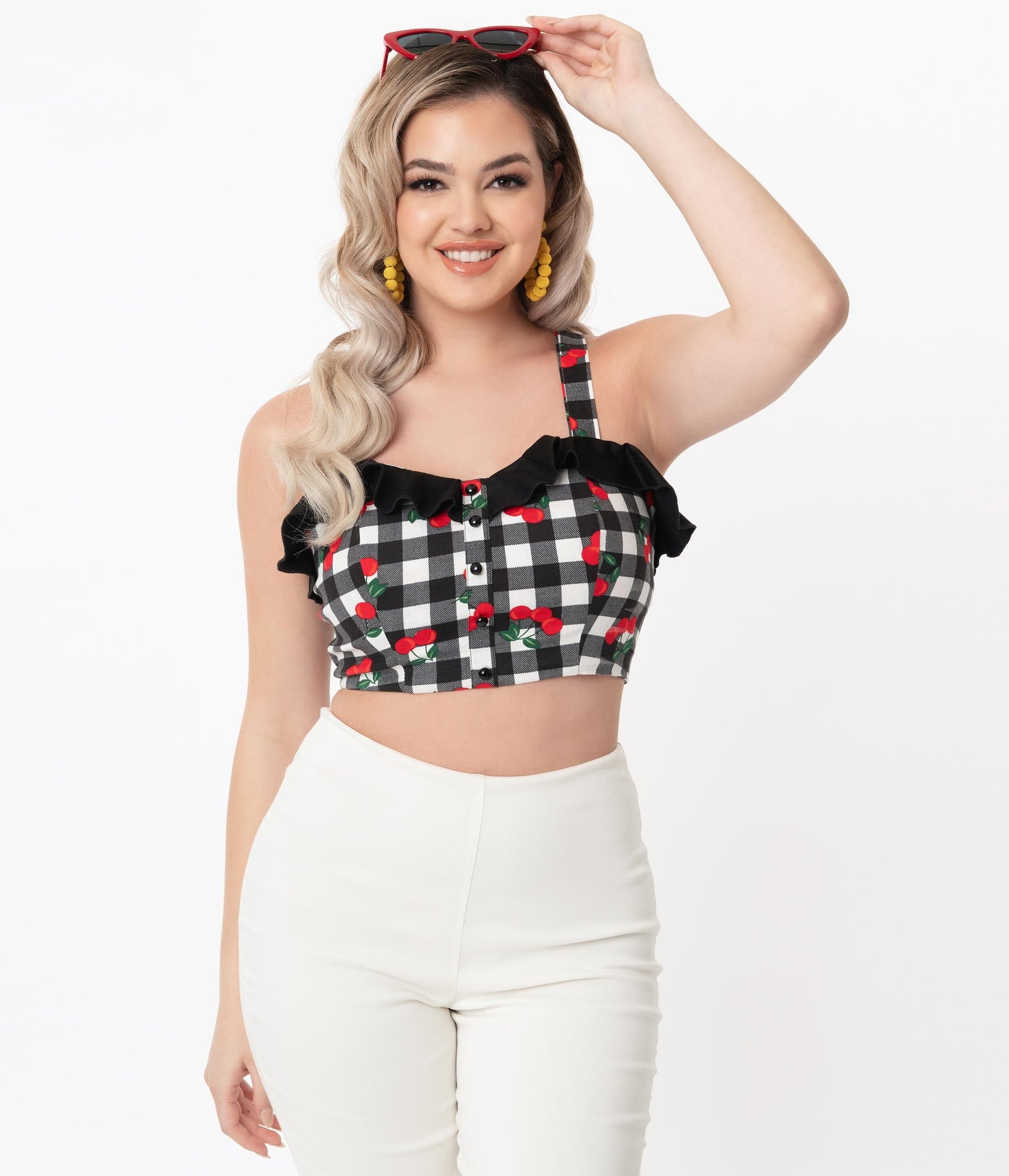 Collectif Black Gingham & Red Cherry Emilia Crop Top