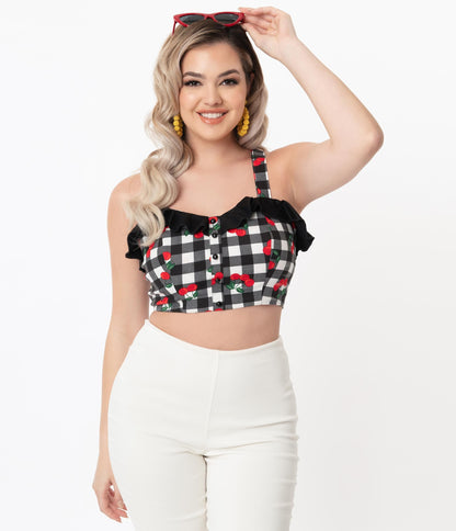 Collectif Black Gingham & Red Cherry Emilia Crop Top