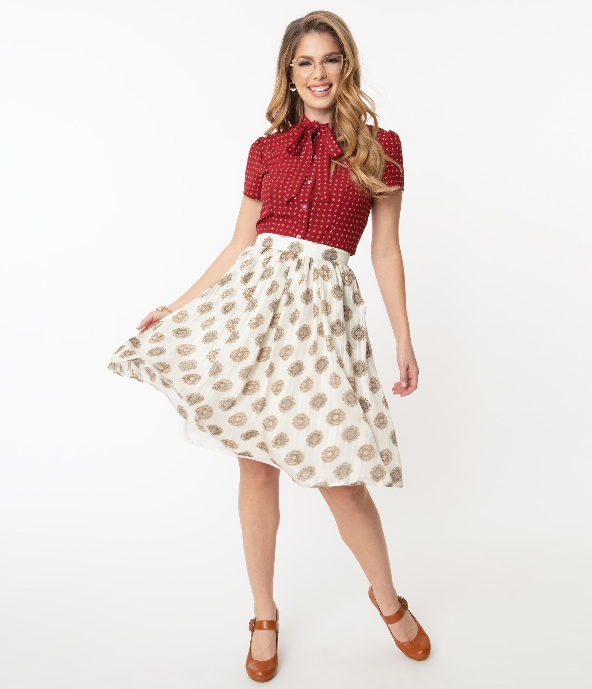 Retro Style Cream & Medallion Print Flare Skirt