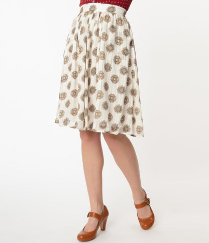 Retro Style Cream & Medallion Print Flare Skirt