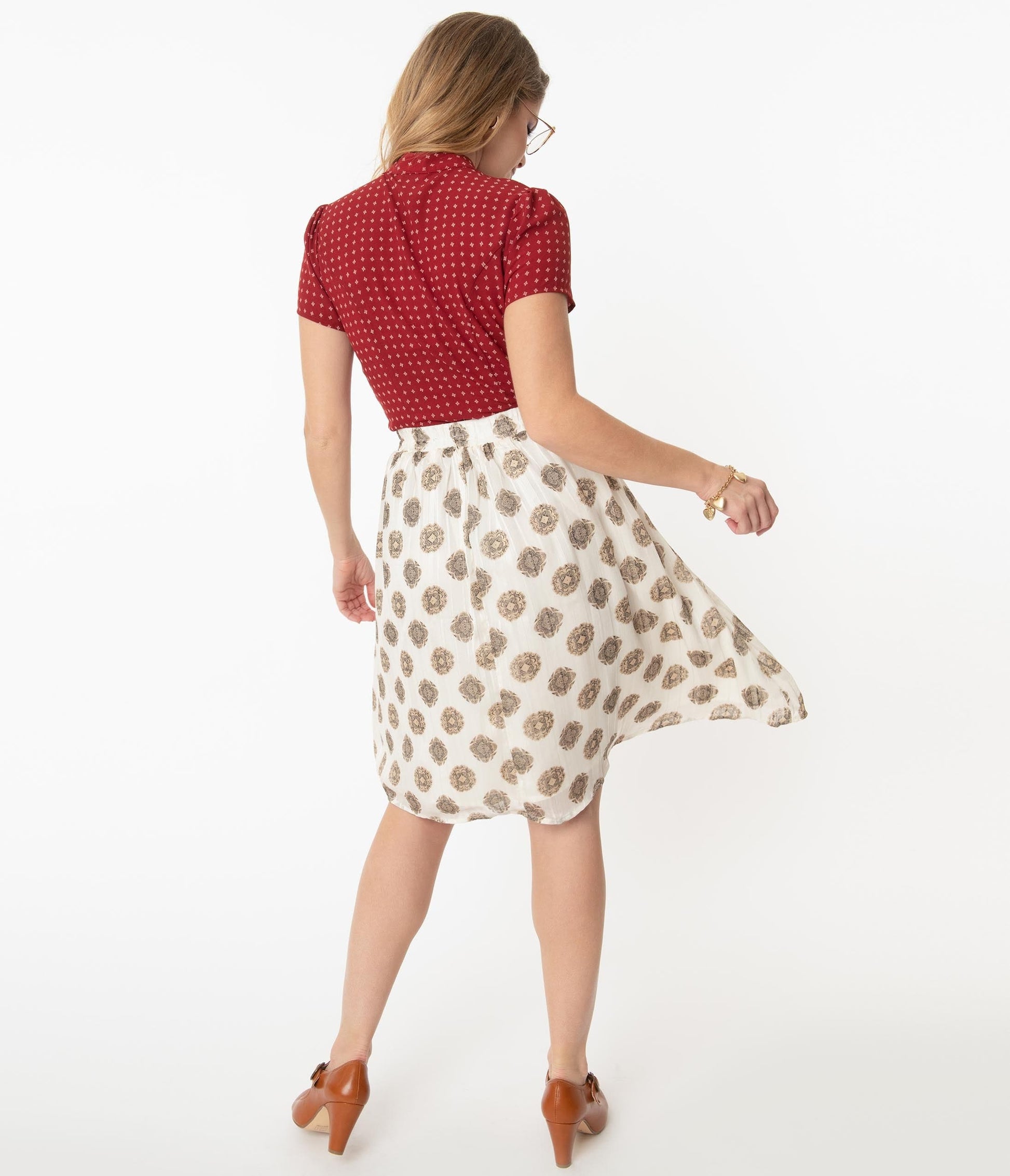 Retro Style Cream & Medallion Print Flare Skirt