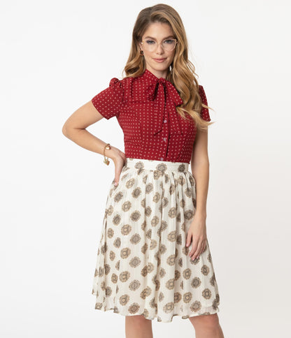Retro Style Cream & Medallion Print Flare Skirt