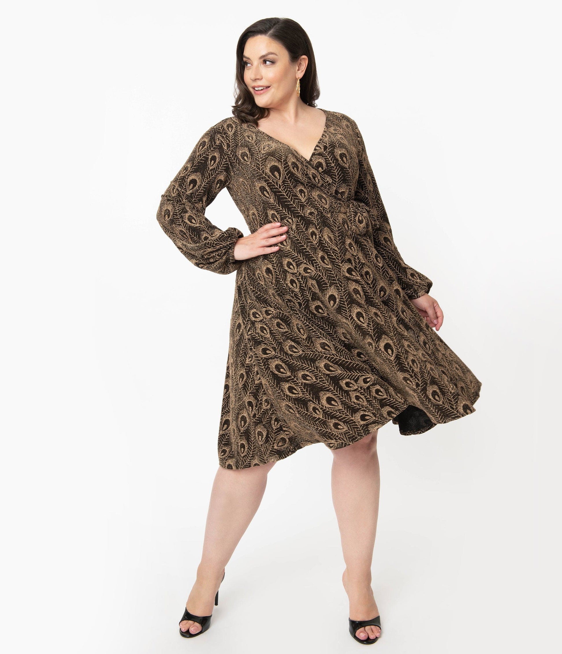 Unique Vintage Plus Size Gold Peacock Feather Liliana Wrap Dress