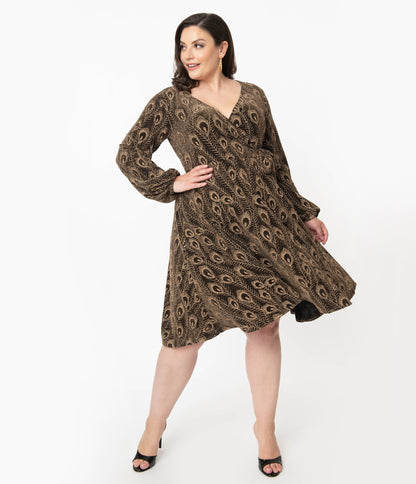 Unique Vintage Plus Size Gold Peacock Feather Liliana Wrap Dress
