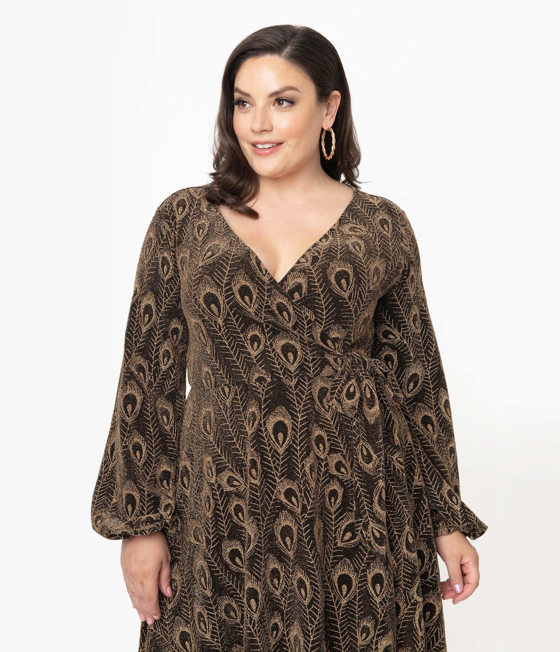Unique Vintage Plus Size Gold Peacock Feather Liliana Wrap Dress