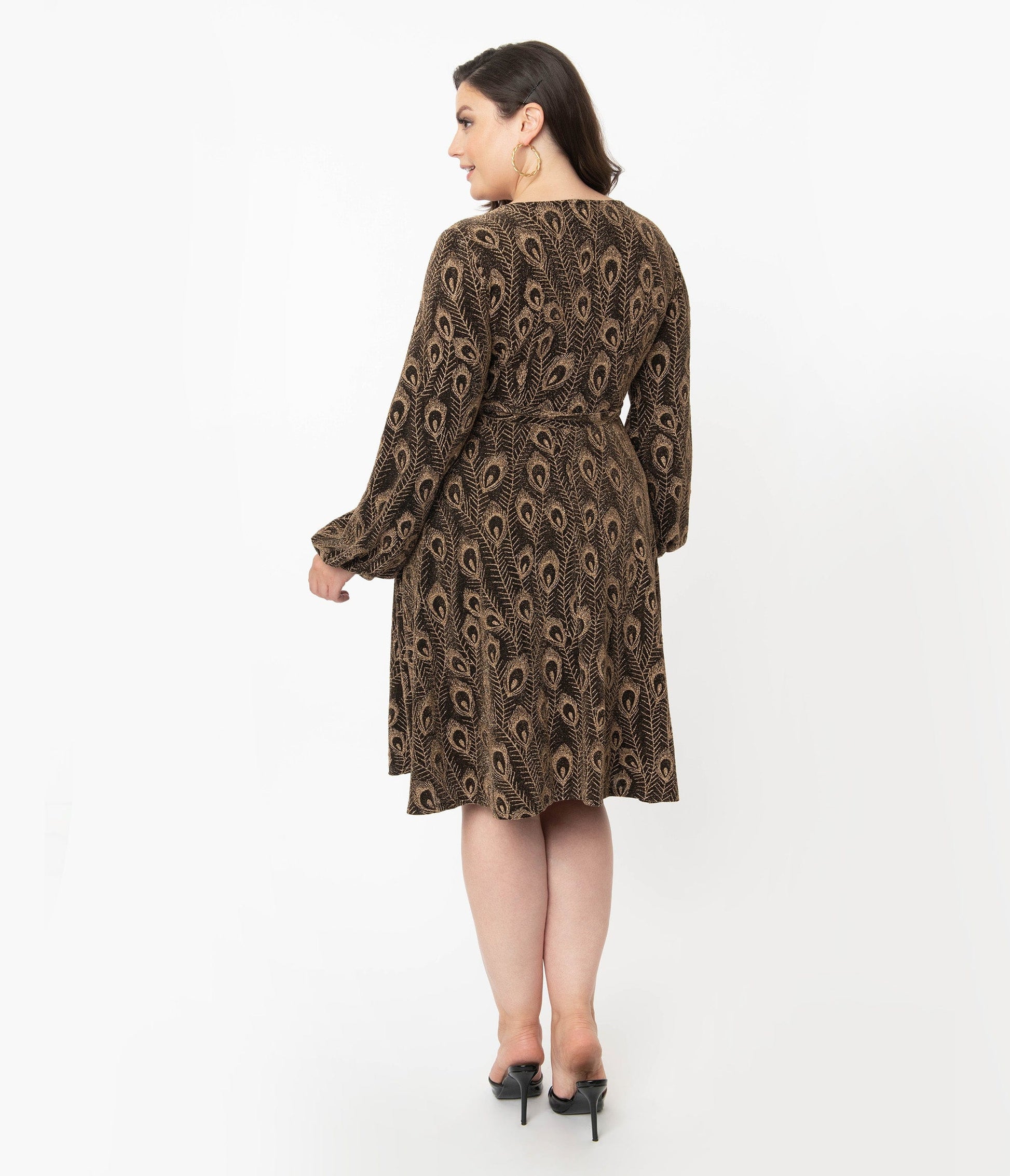 Unique Vintage Plus Size Gold Peacock Feather Liliana Wrap Dress
