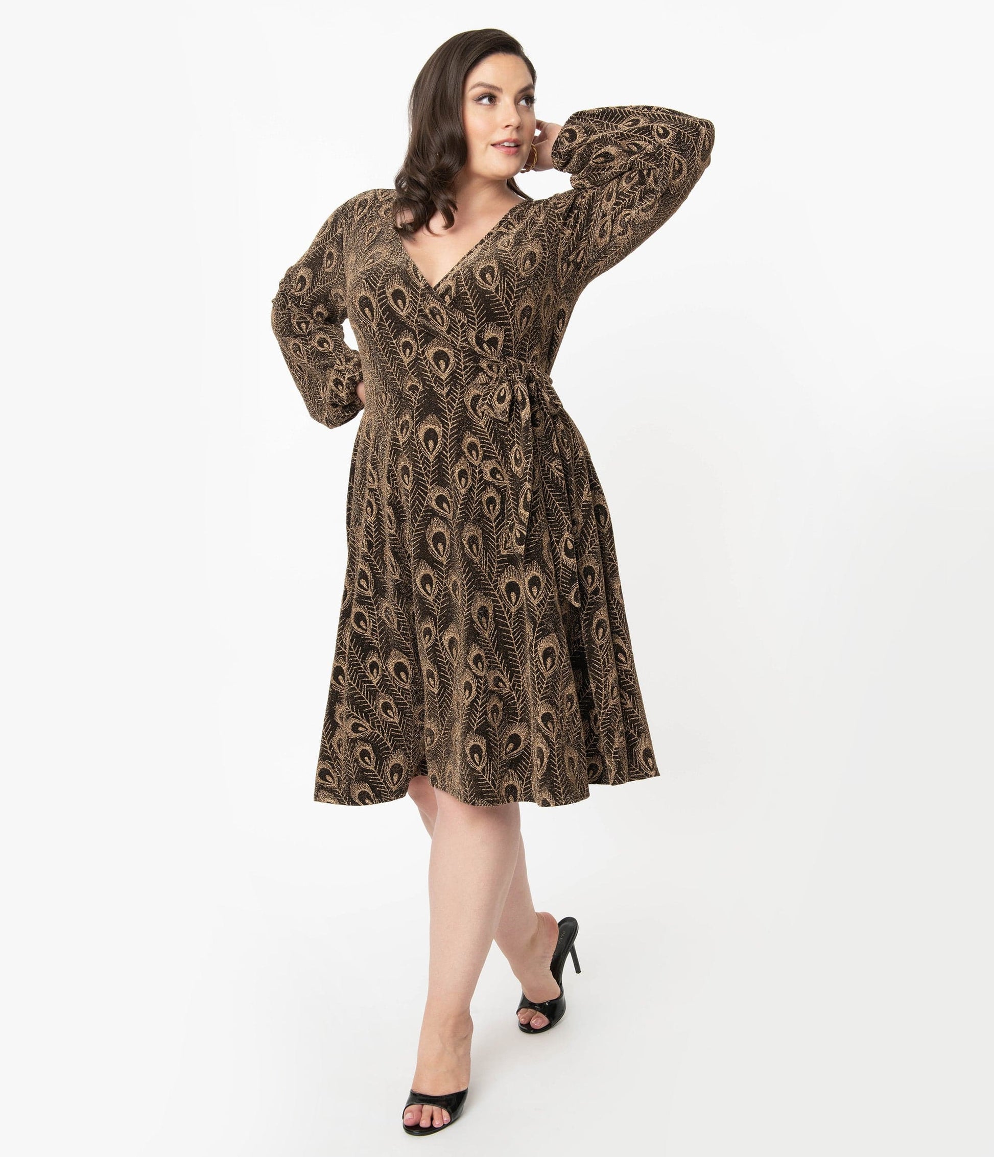 Unique Vintage Plus Size Gold Peacock Feather Liliana Wrap Dress