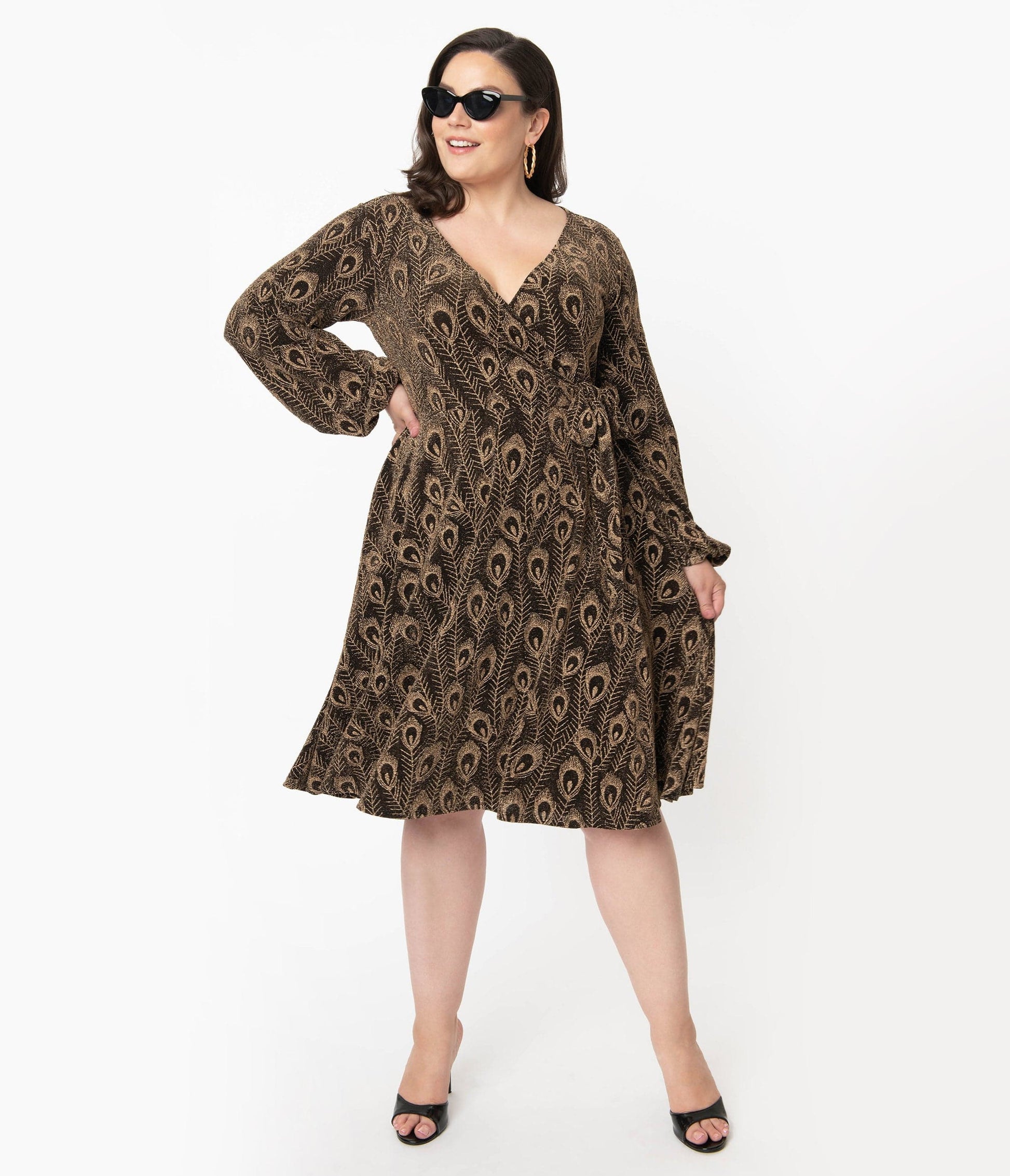 Unique Vintage Plus Size Gold Peacock Feather Liliana Wrap Dress