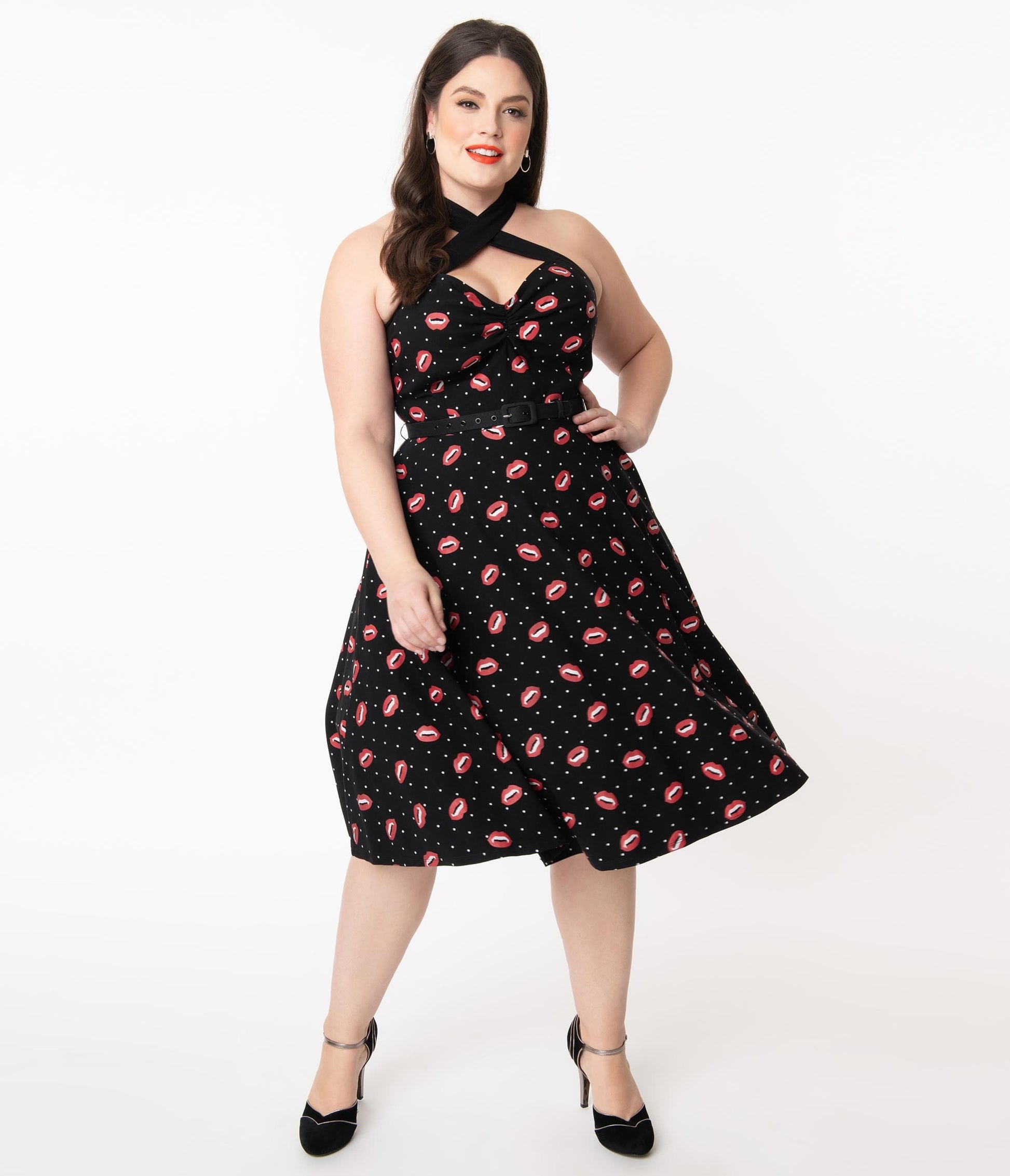 Unique Vintage Plus Size Black & Vampire Kiss Print Rue Swing Dress