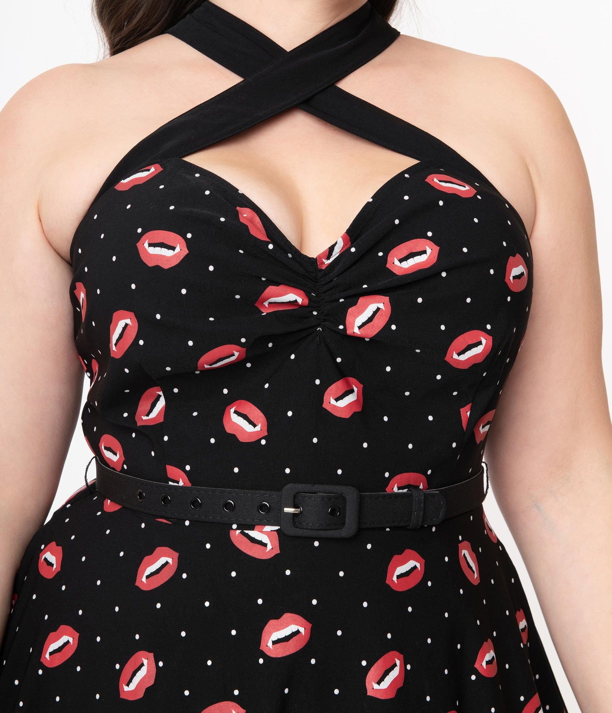 Unique Vintage Plus Size Black & Vampire Kiss Print Rue Swing Dress