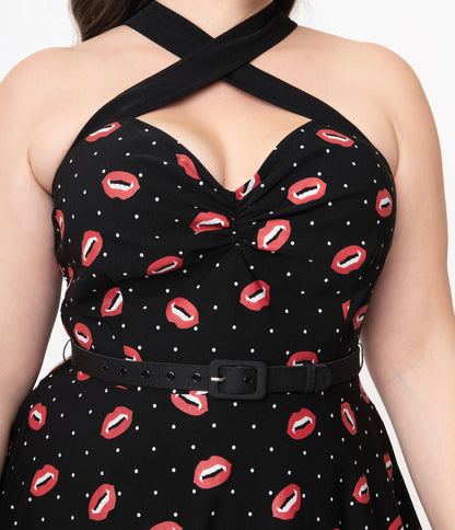 Unique Vintage Plus Size Black & Vampire Kiss Print Rue Swing Dress