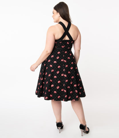 Unique Vintage Plus Size Black & Vampire Kiss Print Rue Swing Dress
