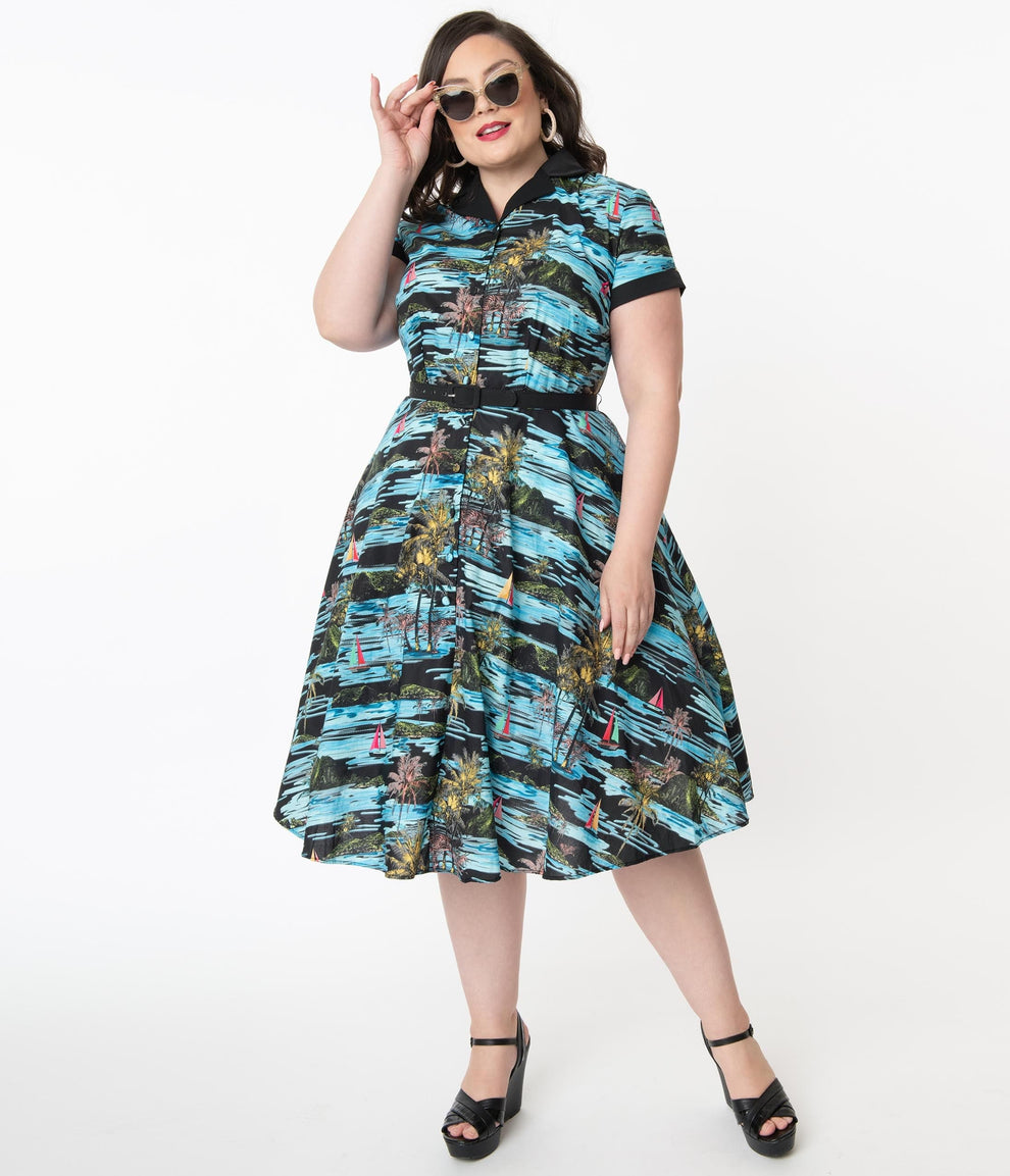Unique Vintage Plus Size Blue & Black Palm Print Print Alexis Swing Dr