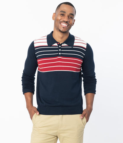 Collectif Navy & Red & White Stripe Jo Hunter Mens Polo Shirt